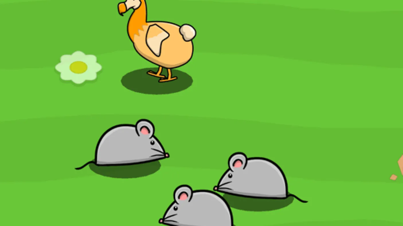 a dodo stands on a green field surrounded by rats
