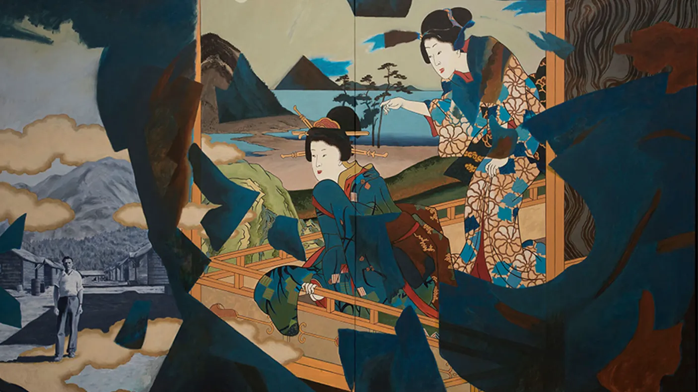 Painting of a resident from a BC internment camp and kimono-clad women from a 19th century ukiyo-e print.
