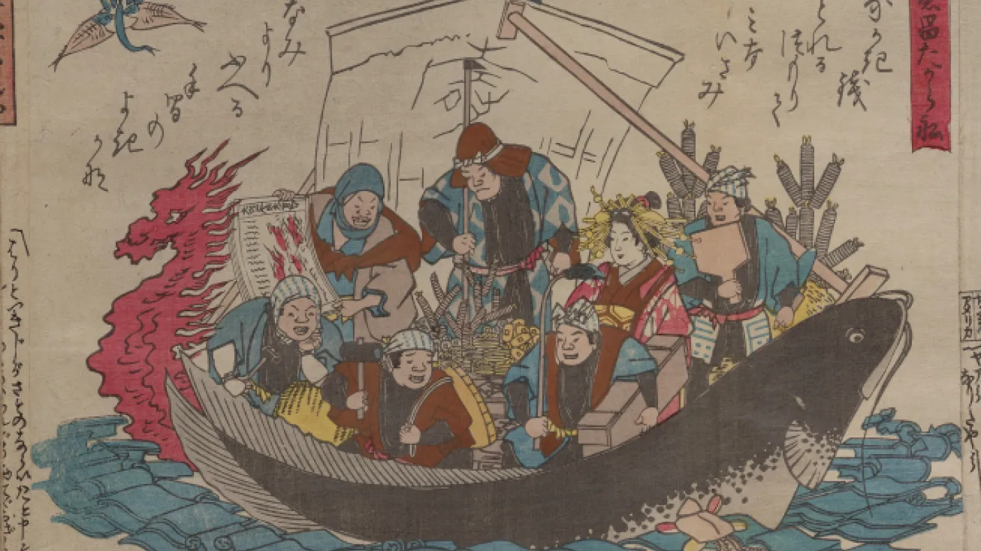 A crowd of prosperous earthquake survivors are crowded in a overloaded boat resembling a catfish.