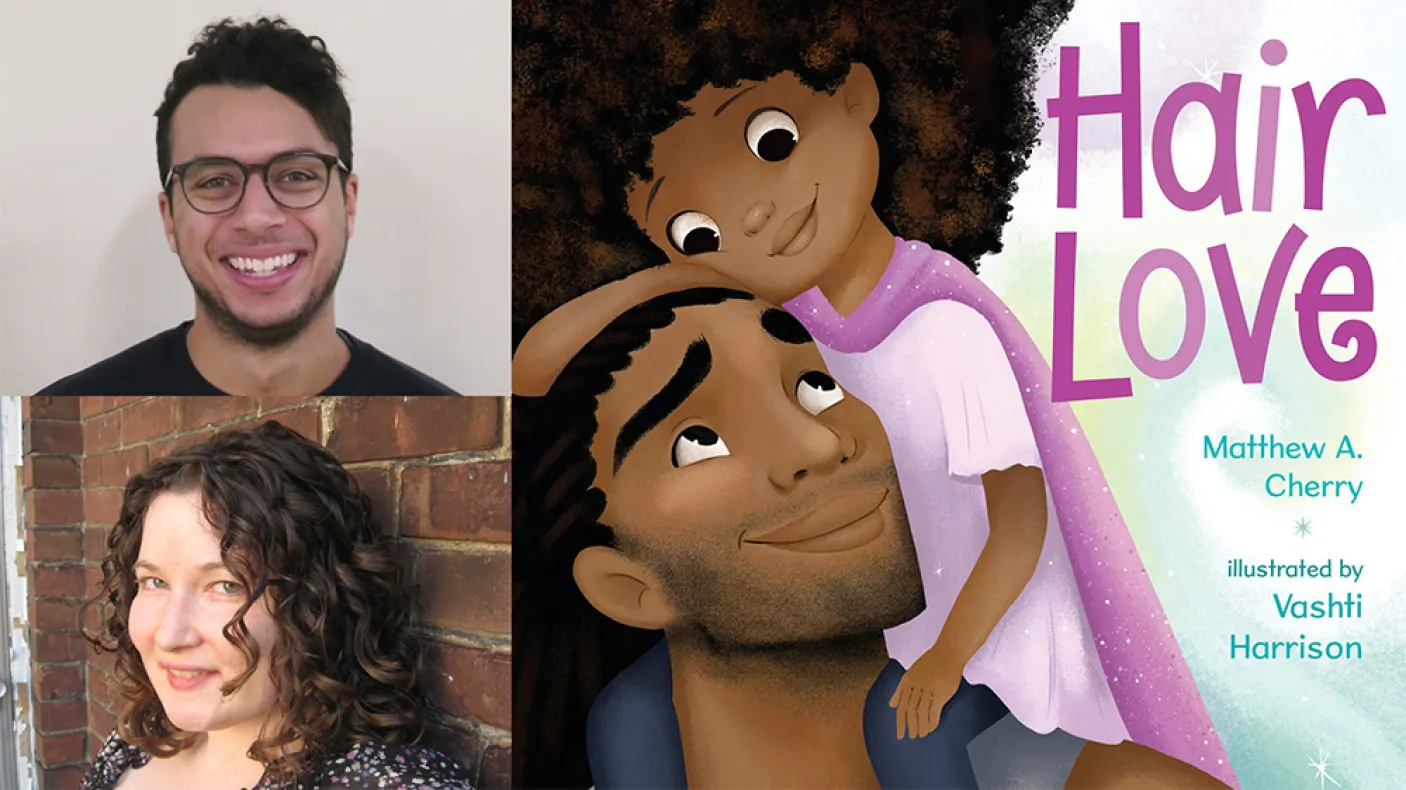Sarah Elliott and Christian Blake with Hair Love book cover.
