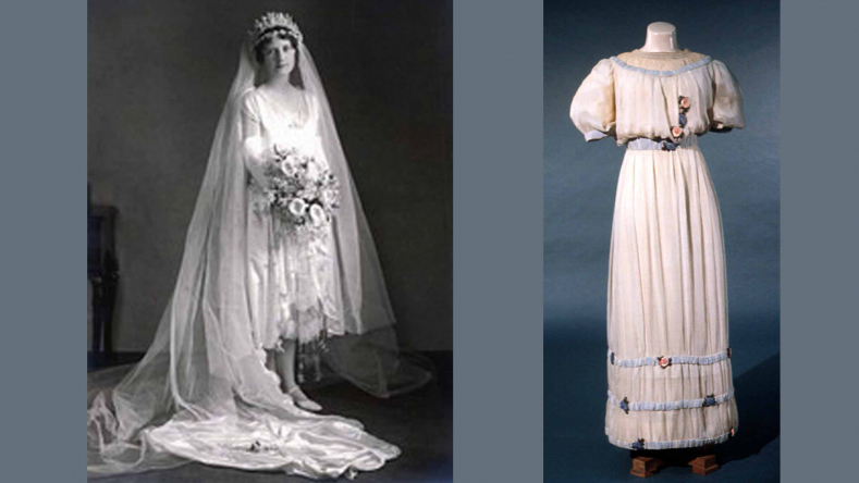 1926 silk satin and lace wedding dress worn in Toronto by Mrs Ruth Bernice Burnham nee Ratcliff.