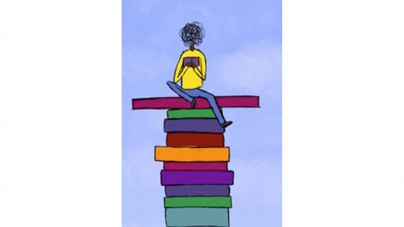 Image d’une pile de livres de différentes couleurs sur laquelle est assise une personne sans visage, en train de lire.
