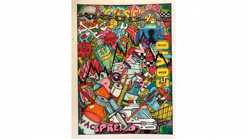 Colour mosaic drawing of overlapping everyday items, with words interlaid within the items.