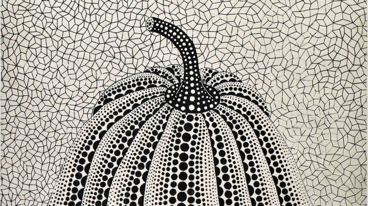 Black and white print showing a pumpkin.
