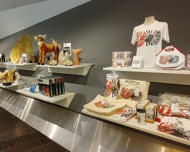 Mur d'exposition d'un magasin présentant des articles divers, notamment des t-shirts, des articles d'intérieur et des sculptures. 