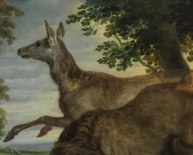 detail of painting showing a deer jumping through the forest