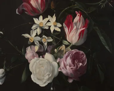 Detail of painting showing details of roses, tulips, and narcissi on a black background. 