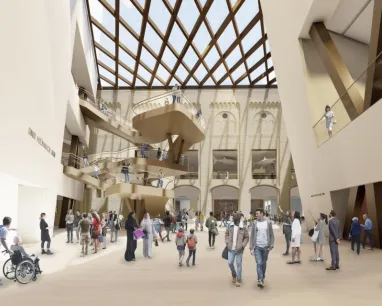 Interior rendering of a museum showcasing exhibits, lighting, and architectural details.
