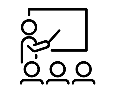 An icon that has a teacher pointing at a board for three people.