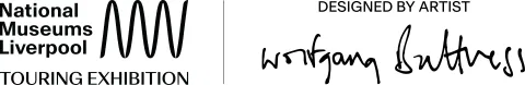 Logo of National Museums Liverpool on left and signature of artist, Wolfgang Buttress, on right.
