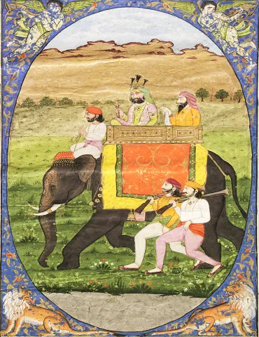 A page from the illustrated manuscript of the Chronicles of Emperor Akbar.