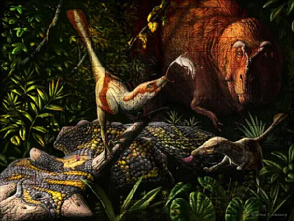Two Acheroraptor feed at a Triceratops carcass, as T. rex approaches. Courtesy of Julius T. Csotonyi.