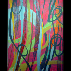 Acrylic painting on canvas; lines of pink, green, and blue.