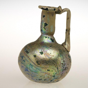 One handled flagon, blown glass with trailed handle.