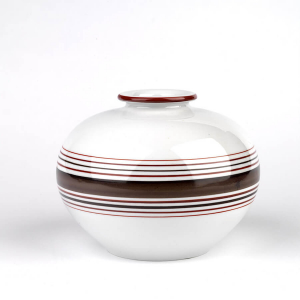 Hard paste porcelain vase, white with brown stripes.