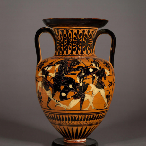 Attic black-figure amphora showing Herakles fighting Amazons.