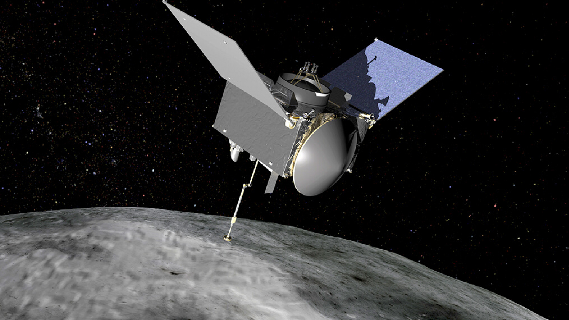 This artist's concept shows the OSIRIS-REx spacecraft approaching the asteroid Bennu.