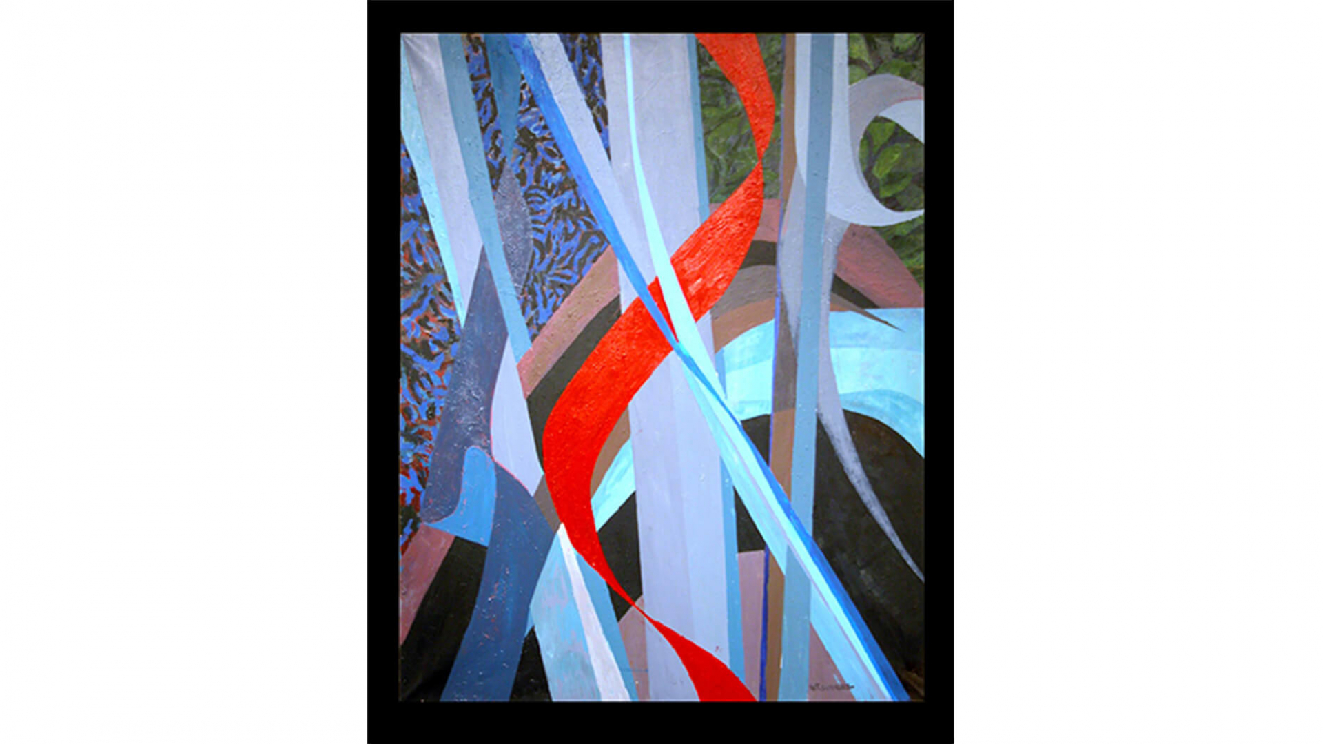 Acrylic painting on canvas; lines of shades of blue, red, and green.