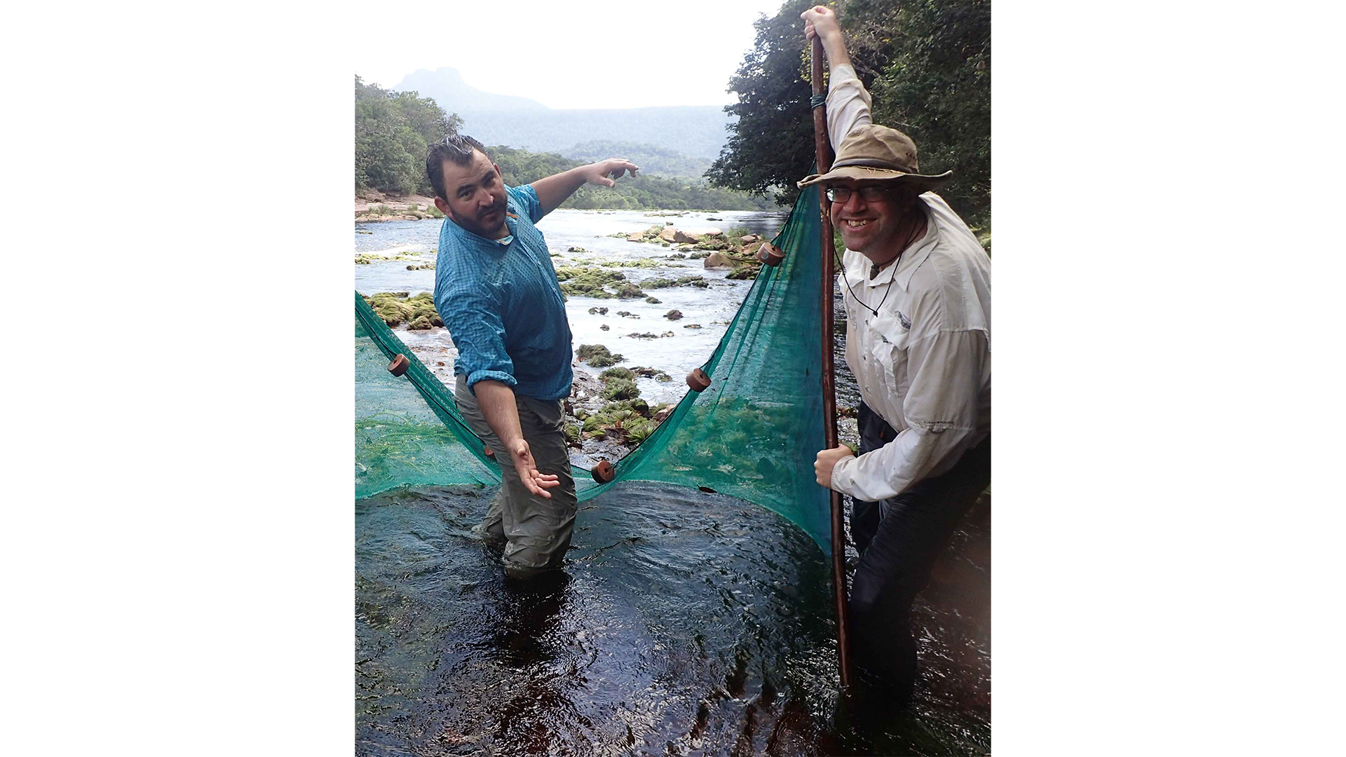 David Brooks (left) and Nathan Lujan in 2016, sampling above Andu Falls in the Ireng River, which defines Guyana’s western border with Brazil.