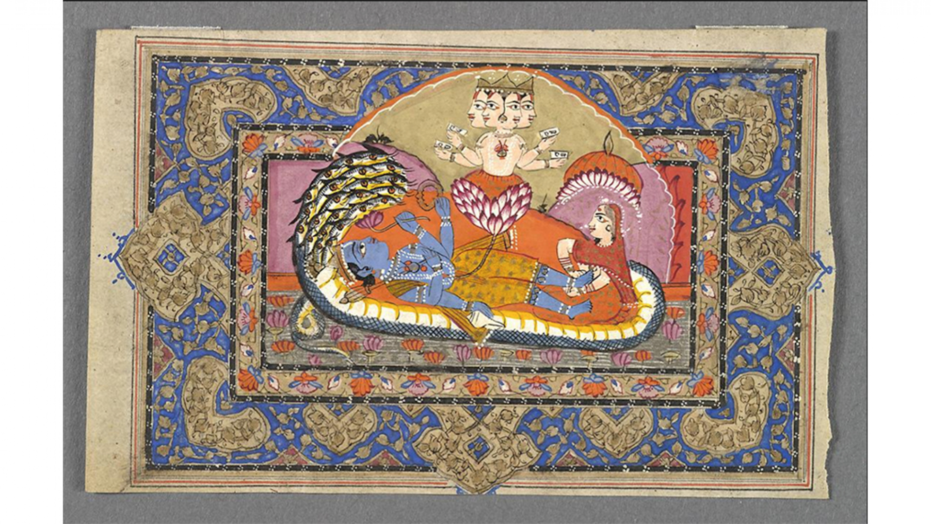 Painting of Vishnu reclining on serpent Ananta.