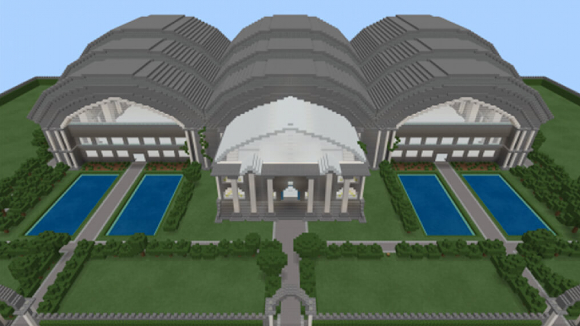 A large museum made of Minecraft blocks.