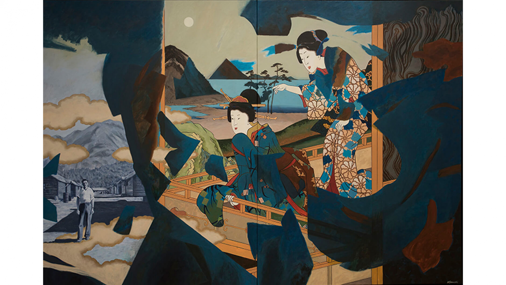 Painting of a resident from a BC internment camp and kimono-clad women from a 19th century ukiyo-e print.