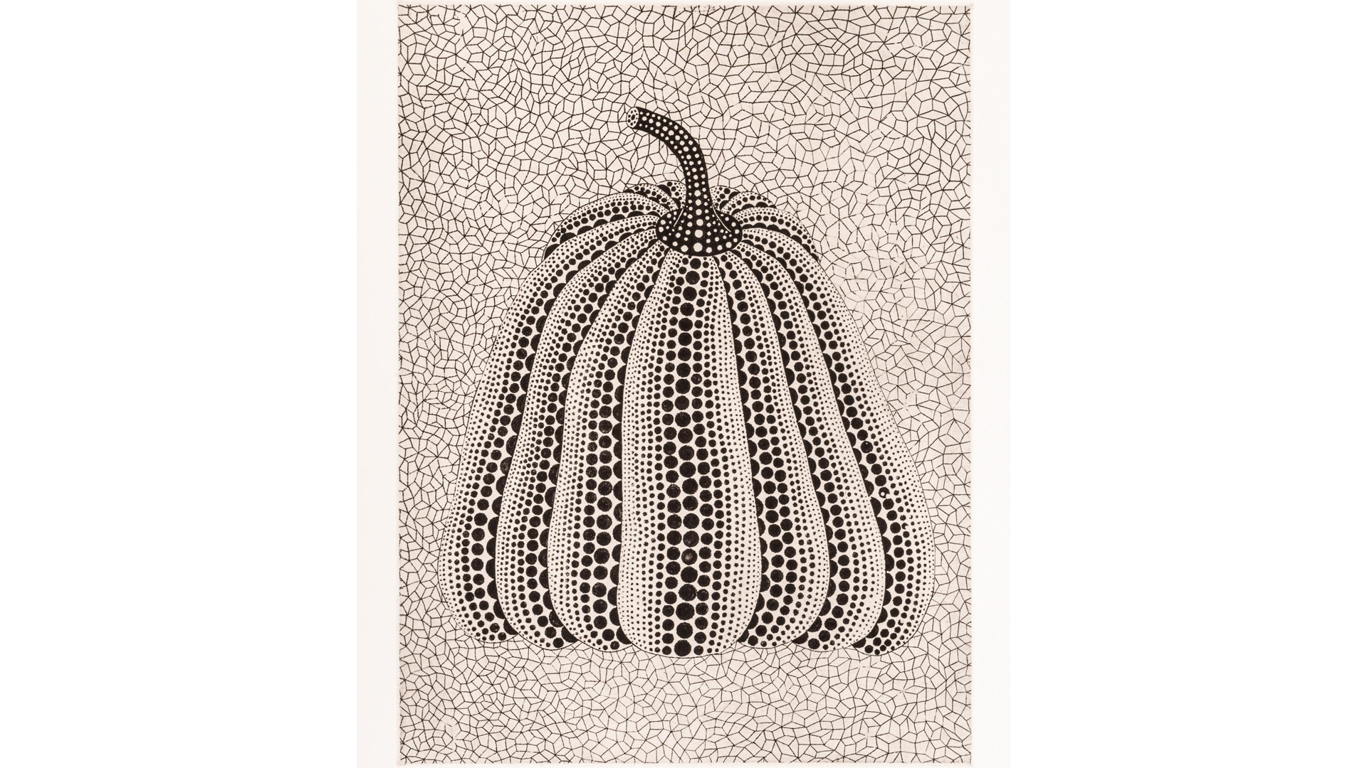 Black and white print showing a pumpkin.