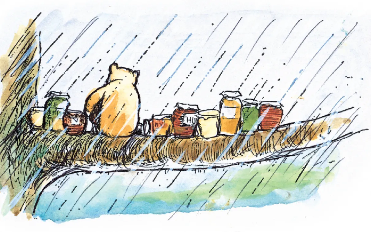 Line block print of Winnie-the-Pooh sitting on a tree branch with honey jars.