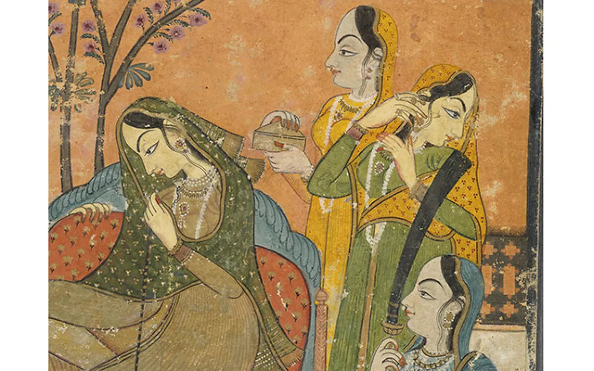 Peinture de personnes dans un jardin.
