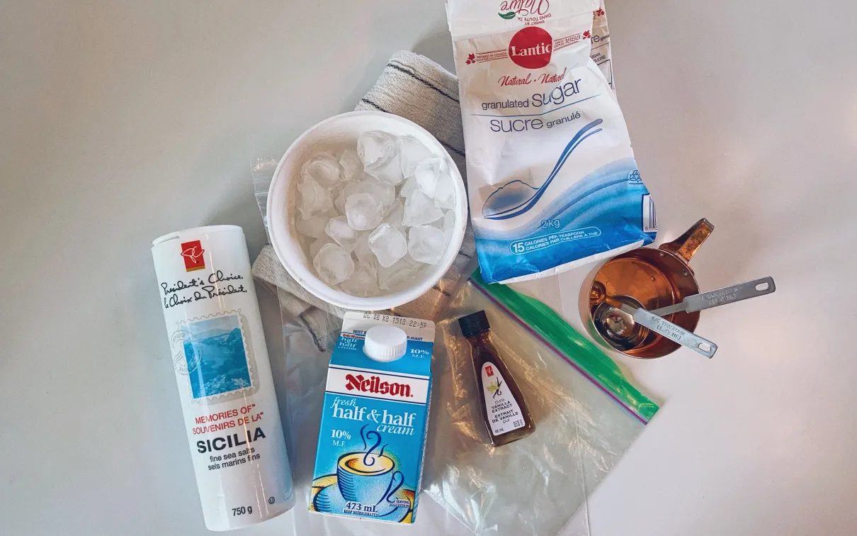 Materials for ice cream in a bag.