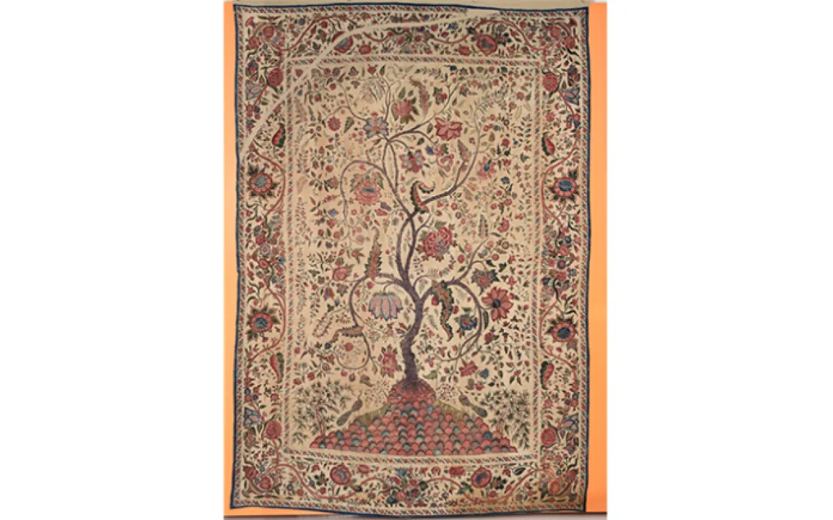 Chintz palampore (textile panel). Made on the Coromandel Coast (northern region) of India for the European market. first half of the 18th century. Painted and resist-dyed cotton tabby with gold leaf. 934.4.13 Harry Wearne Collection, Gift of Mrs. Harry Wearne.