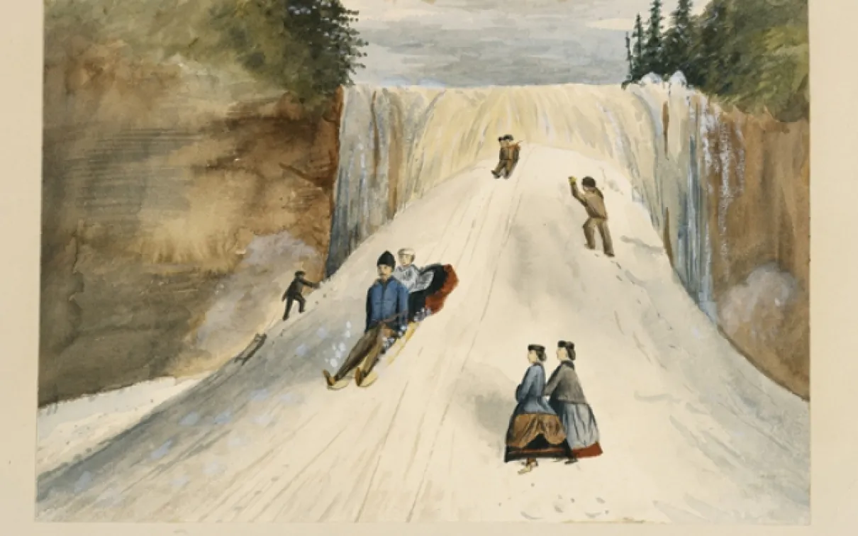 Peinture de personnes faisant de la luge.