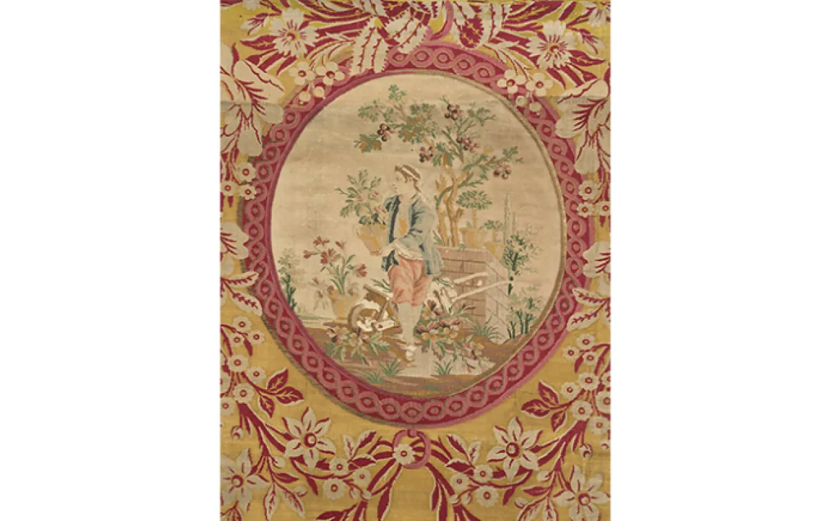 Textile d'ameublement Le Jardinier. Philippe de Lasalle (designer textile français, fabricant, 1723 - 1805). Lyon, France. Début des années 1770. Lampas en soie avec insert en satin broché tissé séparément. 959.7.1.