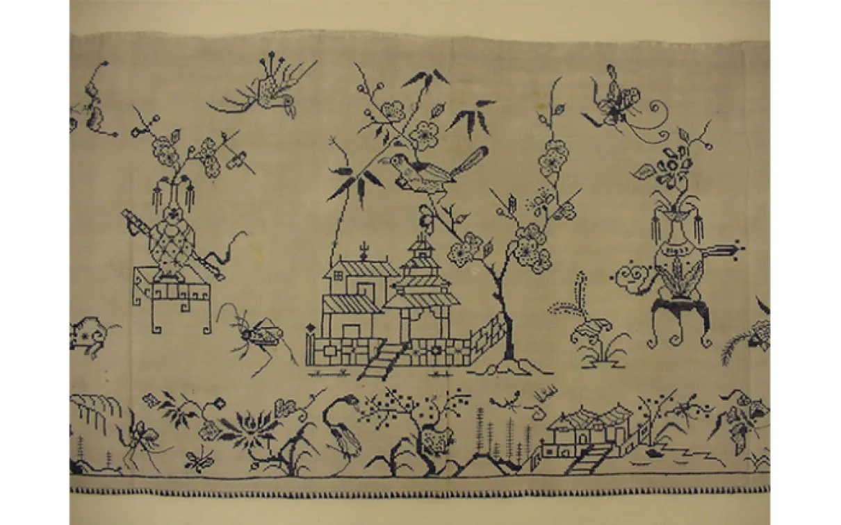 Bed valance. Sichuan, China. Qing Dynasty or Republic of China. 1890-1929. Embroidered cotton tabby. 994.28.58 Gift of Dr. and Mrs. J.H. Mullett.