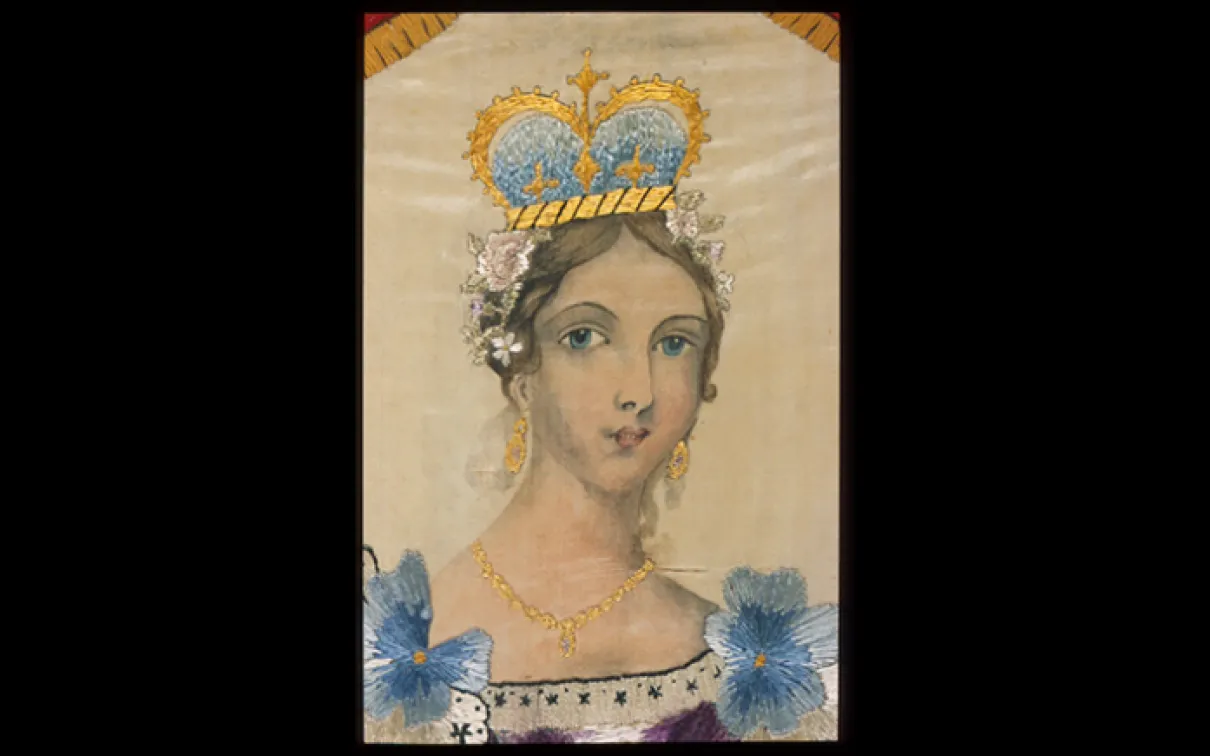 Portrait of Queen Victoria. Embroidered by Agnes Pringle Wallace, based on a painting by Mary Ann 'Mclean' Pringle. St. Thomas, Ontario, Canada. 1841. Satin embroidered in silk and wool. 963.14.2.A. Gift of Mr. Andrew H. Wallace.