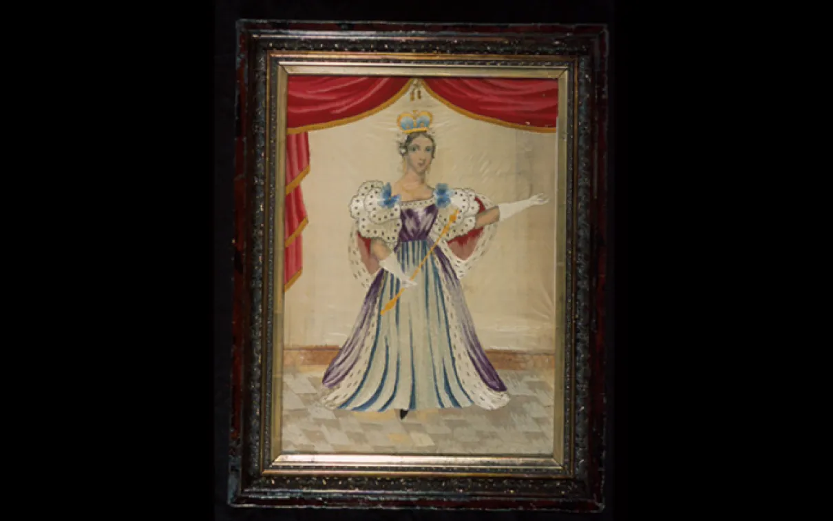 Portrait of Queen Victoria. Embroidered by Agnes Pringle Wallace, based on a painting by Mary Ann 'Mclean' Pringle. St. Thomas, Ontario, Canada. 1841. Satin embroidered in silk and wool. 963.14.2.A. Gift of Mr. Andrew H. Wallace.