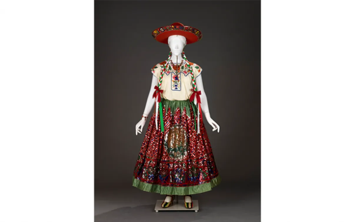 Woman's festival costume. Mexico City, Mexico. c. 1932. Cotton tabby with silk satin stitch embroidery. 963.24.A-K.
