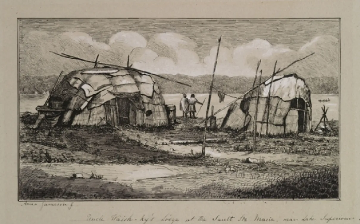 "Loge de l'oncle Waish-ky à Sault-Sainte-Marie, près du lac Supérieur". Anna Jameson, 1837-38.