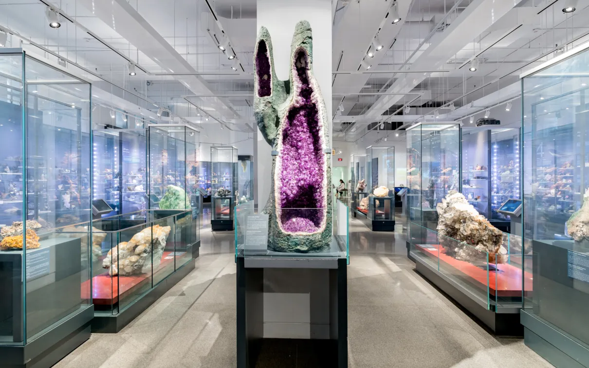 A gallery filled with minerals and gems in the centre there is a very large quartz variety amethyst geode.