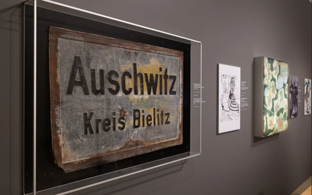 Photo of Auschwitz frame in exhibition reading Auschwitz Kreis Bielitz