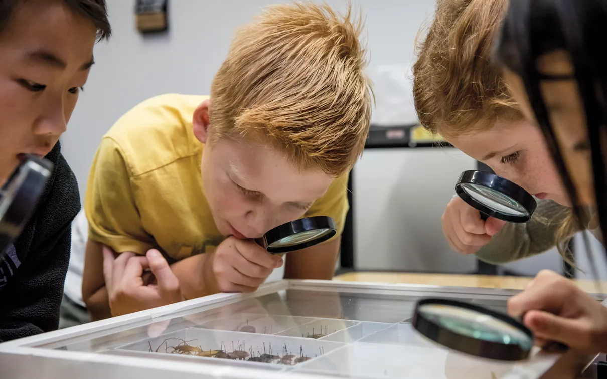 Children at March Break camp looking through magnifying glass