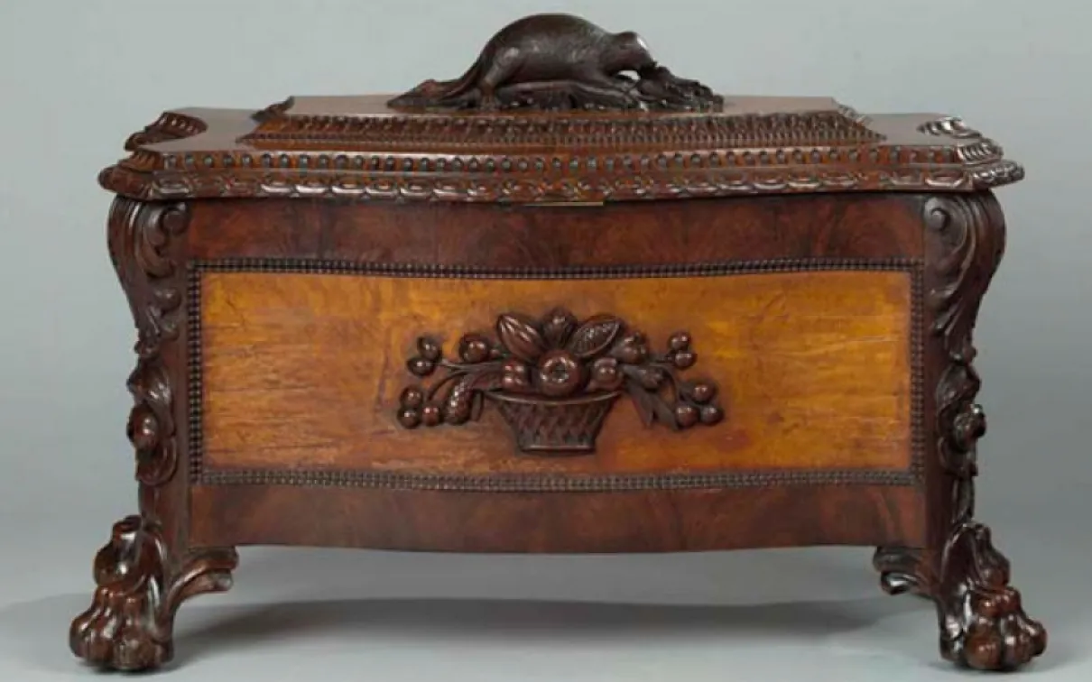 Trace the emergence of Canadian style in furniture and other decorative arts. Sporting a caved beaver andmaple leaf motifs, this iconic wine cellaret was produced in Quebec in the 1880s.