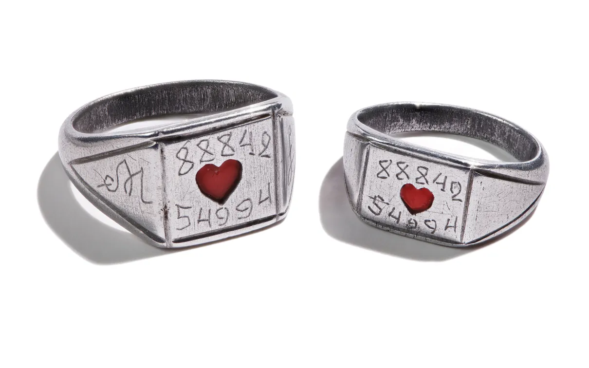 Rings of Leib Krycberg and Miriam Litman, before 1945, engraved with their prisoner numbers