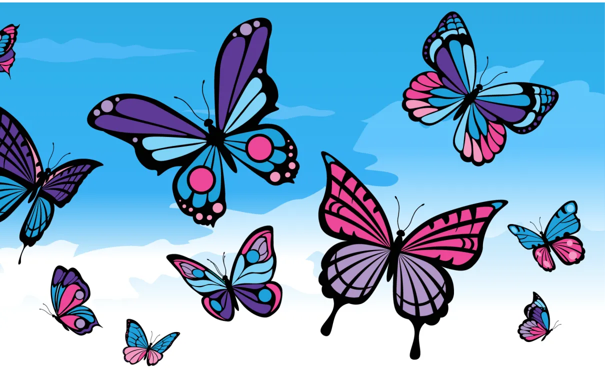 Butterfly drawings in blue, pink and purple against a blue sky