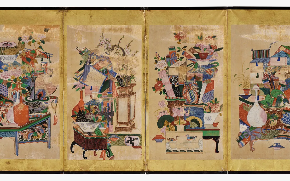Late 19th century Joseon Dynasty Korean six-panel folding screen with image of stationary utensils, 995.38.1. © ROM and Gift of Mary Anne and Chris Miller.