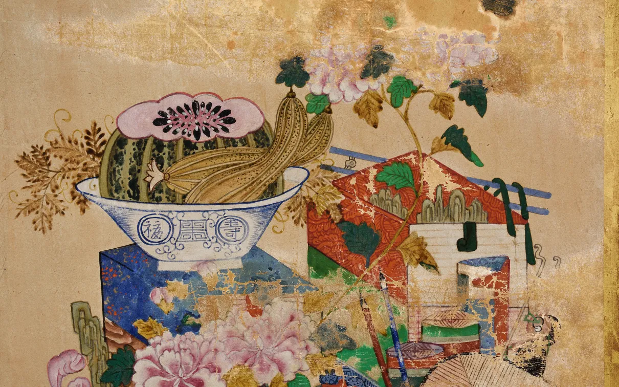 Late 19th century Joseon Dynasty Korean six-panel folding screen with image of stationary utensils, 995.38.1. © ROM and Gift of Mary Anne and Chris Miller.