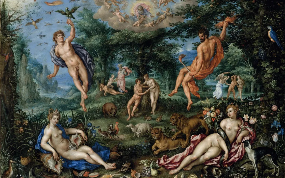 Oil painting of paradise with the four elements