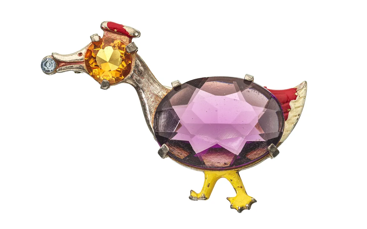 Woman’s brooch of a duck, sterling silver with rhinestones and enamel, 1940’s,  2019.104.154. © ROM. Gift of Carole Tanenbaum.