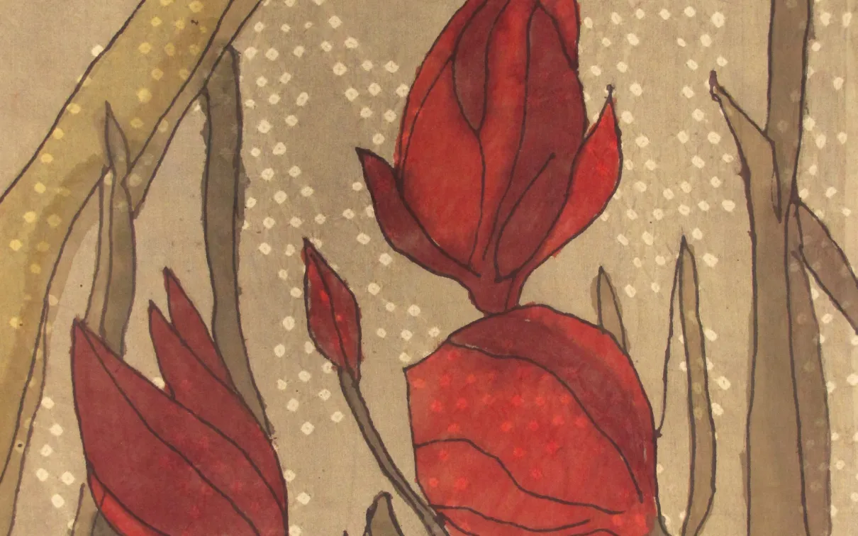 Beige Garment with Red Flowers. 