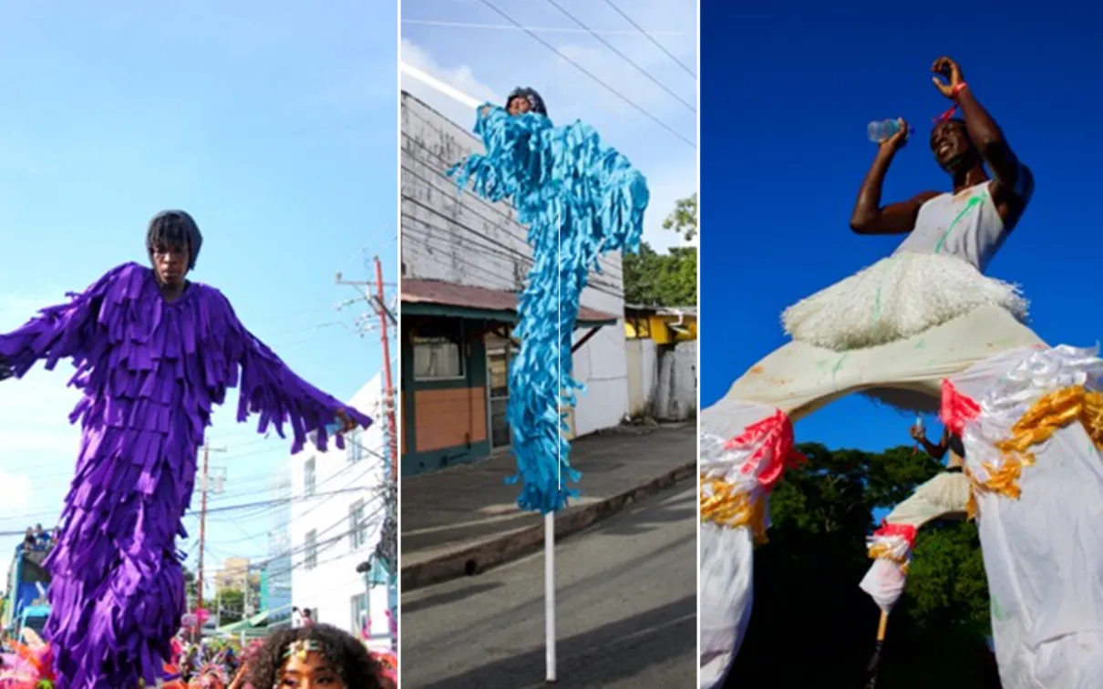 A composite image of black dancers in fringed outfits dancing on stilts. On the left is a dancer in a purple fringed outfit, in the centre is a dancer in a blue fringed outfit, and on the right is a dancer with a white fringed outfit accented in orange.